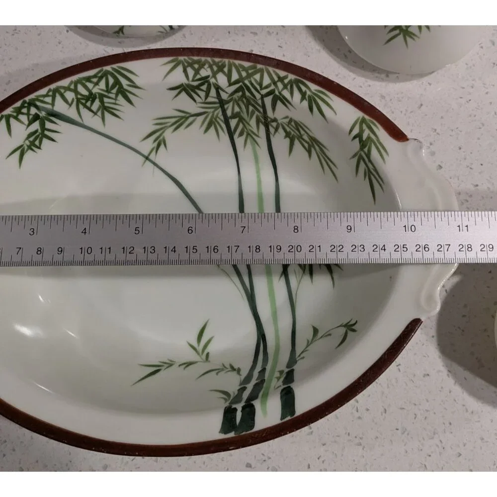 Vintage Japanese Hand-Painted Bamboo Design Oval Bowl two Handles 11 inch Length - Picture 2 of 12